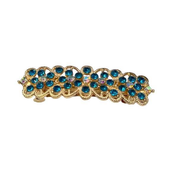 Accessories - Elegant Gold Barrette with Blue Crystal Accents 3.0”